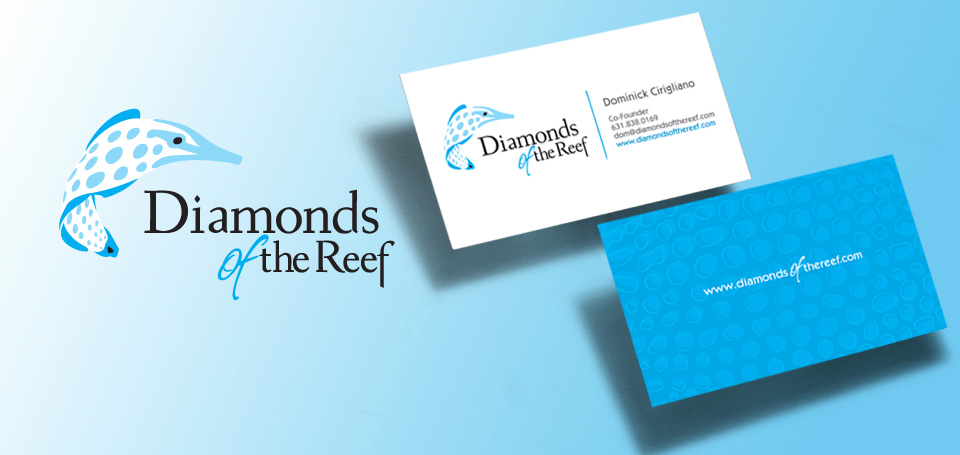Redesigned logo for Diamonds of the Reef and business cards with new branding.