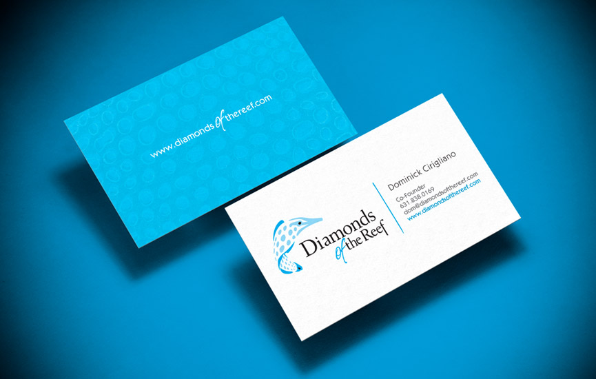 Two sided, full bleed business cards expand on the color, graphic and typographi