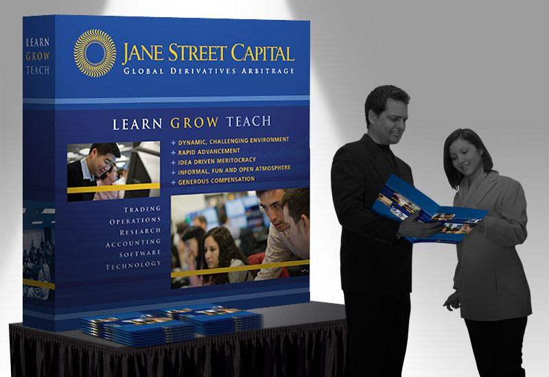 Pop-up display for jobs fair booth as seen from side.