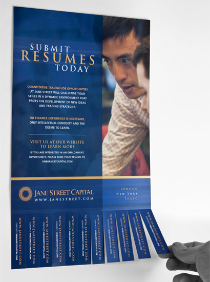 Recruiting flier with die-cut and perforated tear away tabs.